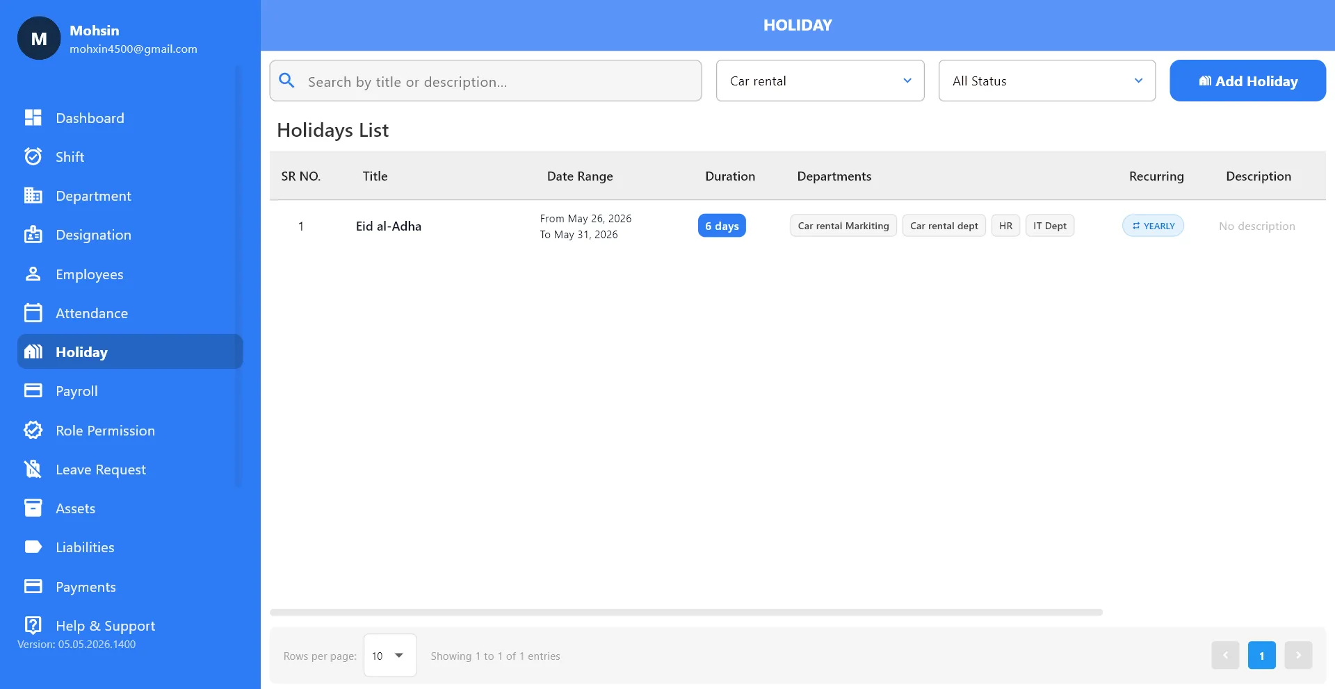 Leave Types Dashboard - Government Holidays, Personal Leave, Event Leave, Custom Leave